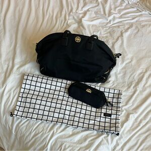 Black Tote Bag with Matching Wristlet and Gold Emblem